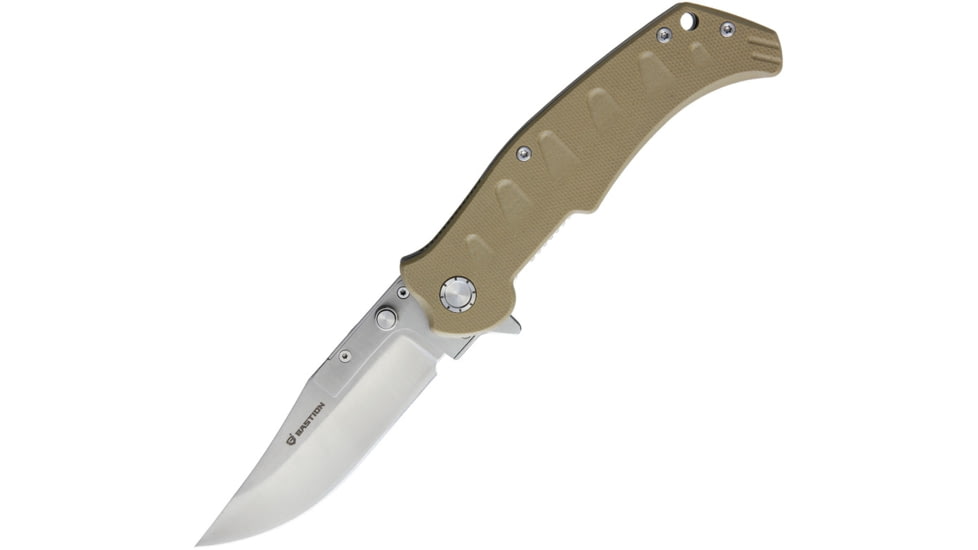Bastion NIB Interchangeable Linerlock Folding Knife, 3.75in Satin 5Cr13Mov SS, Tan G10 Handle, Comes w/Three Interchangeable Blades Clip Point, Drop Point, Sawback Clip Point, Tan, BSTN-NIBKNF3-TAN