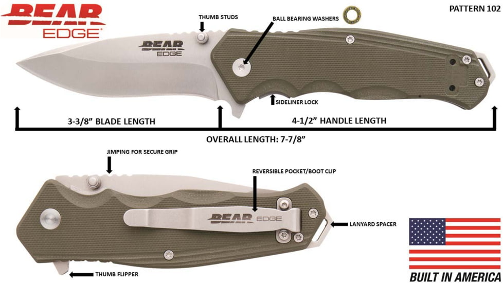 Bear Edge Sideliner Folding Knife w/Trigger, 3.38in, 440 Stainless Steel, G10 Handle, Green, 61102