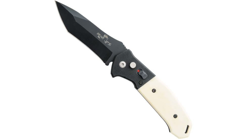 Bear OPS Auto Bold Action 5 Folding Knife, 3.13in, Sanvick 14C28N, Black G10 and White Smooth Bone Handle, AC-500-WSB6-B