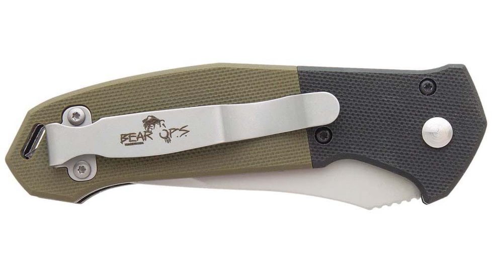 Bear OPS Auto Bold Action 5 Folding Knife, 3.13in, Sanvick 14C28N, Black/Od Green G10 Handle w/ Bead Blast, AC-500-B4-P
