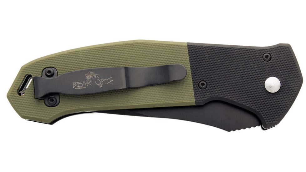 Bear OPS Auto Bold Action 5 Folding Knife, 3.13in, Sanvick 14C28N, Black/Od Green G10 Handle w/ Black Blast, AC-500-B4-B