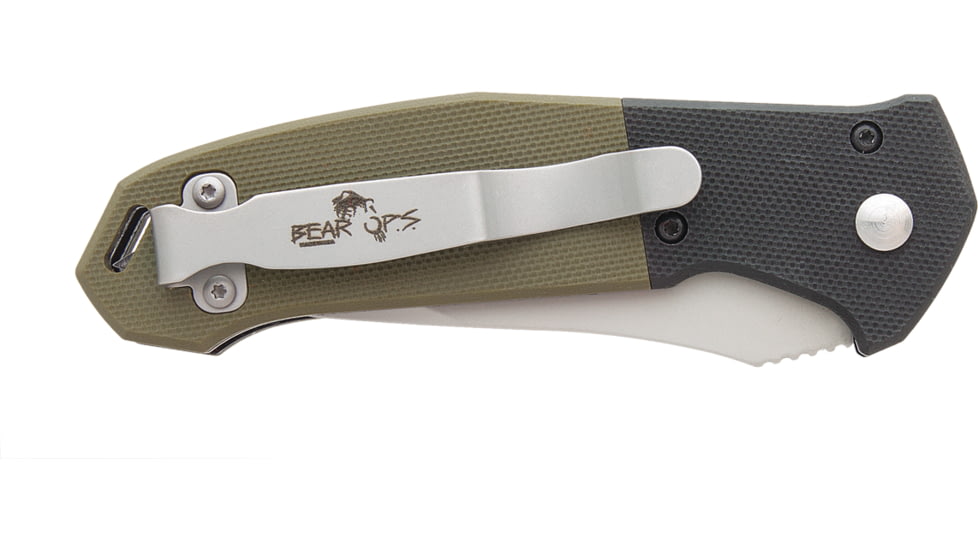 Bear OPS Auto Bold Action Folding Knife, 4.5in, Sanvick 14C28N Stainless Steel, Black/OD Green G10 Handle, AC500B4P