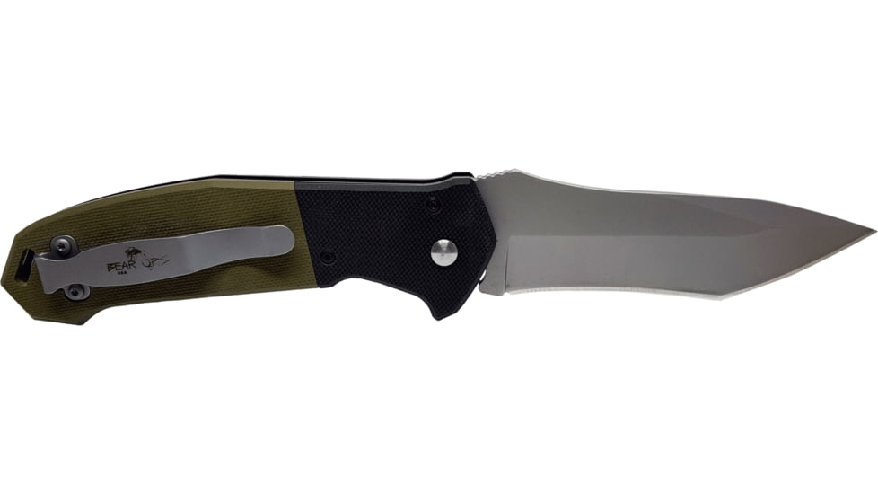 Bear OPS Auto Bold Action Folding Knife, 4.5in, Sanvick 14C28N Stainless Steel, Black/OD Green G10 Handle, AC500B4P