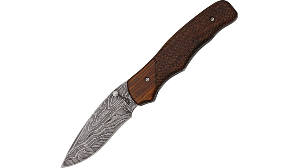 Bear Ops Rancor Fold Knife, Damascus Steel modified Drop Point Blade, Checkered roseWood Handle BC36000