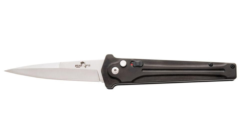 Bear OPS Auto Bold Action III Auto Folding Knife, 4.5in Closed, 3.25in, Sandvik 14C28N, Bead Blast Stiletto Style Blade, Black Aluminum Handle, AC-300-ALBK-S