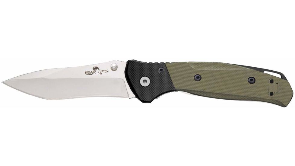 Bear OPS Bear Swipe 4 Assisted Opening Folding Knife, 3.25in, Sandvik 14C28N Stainless Steel, Black/Green G10 Handle w/ Bead Finish Blade, A-400-B4-P