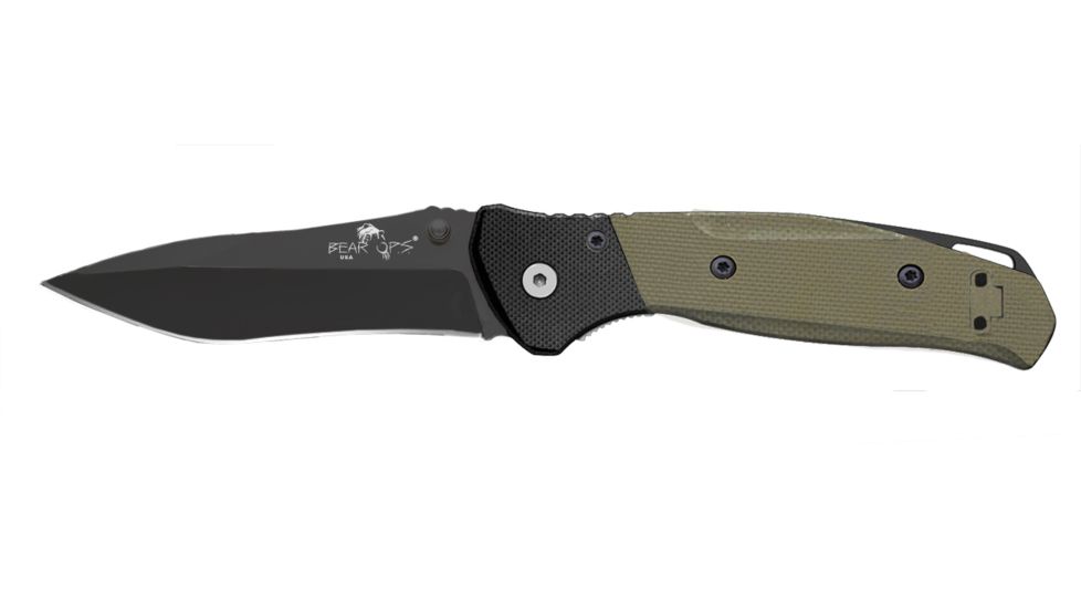 Bear OPS Bear Swipe 4 Assisted Opening Folding Knife, 3.25in, Sandvik 14C28N Stainless Steel, Black/Green G10 Handle w/ Black Finish Blade, A-400-B4-B