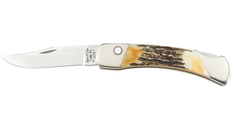 Bear &amp; Son Cutlery 5 Genuine India Stag Bone Automatic Lockback With Metal Belt Clip &amp; Leather Sheath - 5A97