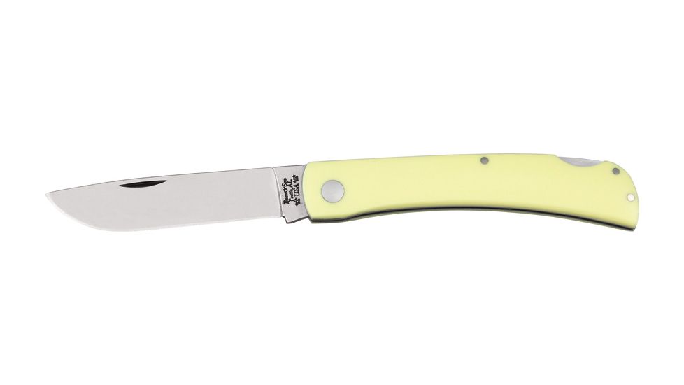 Bear &amp; Son Farmhand Lockback Fold Knife, 4 5/8in closed, High-polished 1095 Carbon Steel Blade, Smooth yellow Delrin Handles BCC338L