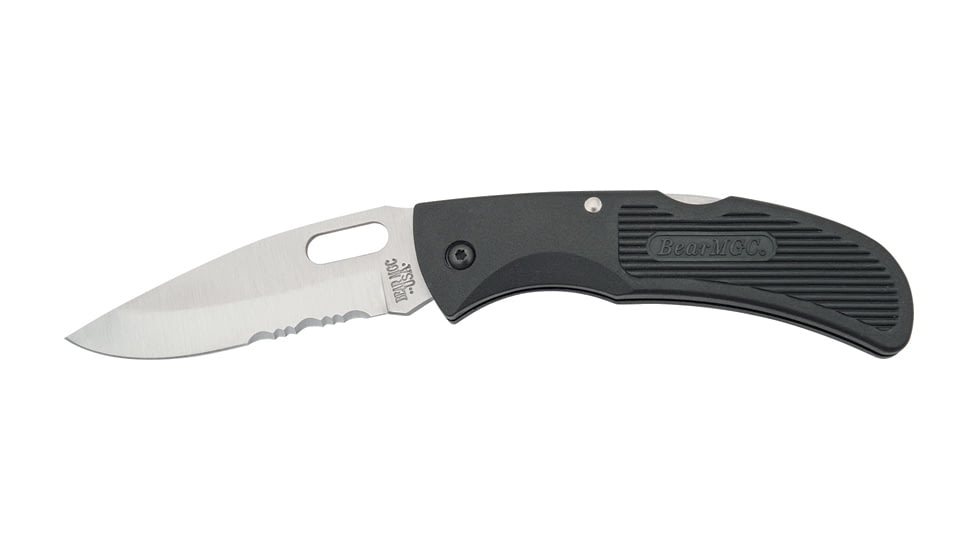 Bear &amp; Son One Hand Opener Fold Knife, Partially serrated 440 High Carbon SS Drop , Black Zytel Handle BC401SR