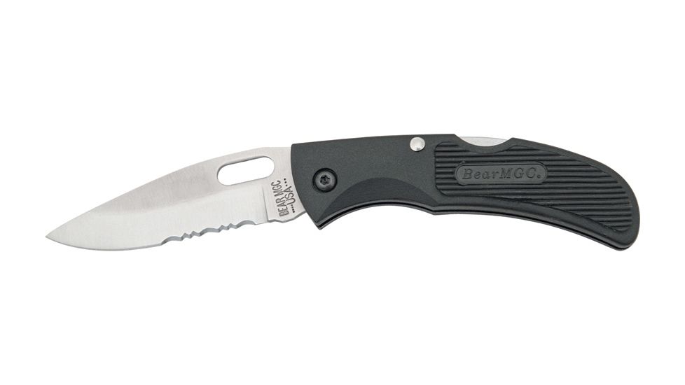 Bear &amp; Son One Hand Opener Fold Knife, Partially serrated 440 SS Blade, Black Zytel Handle BC402SR