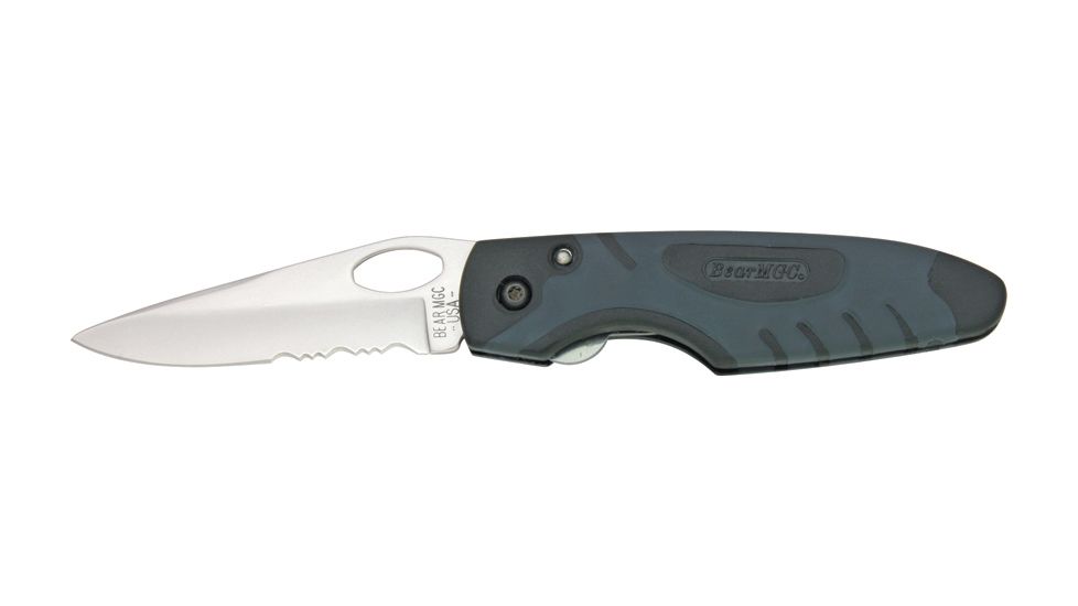 Bear &amp; Son Sideliner Fold Knife, 440 SS partially serrated Blade, Black Zytel &amp; black Kraton Handle BC7410SR