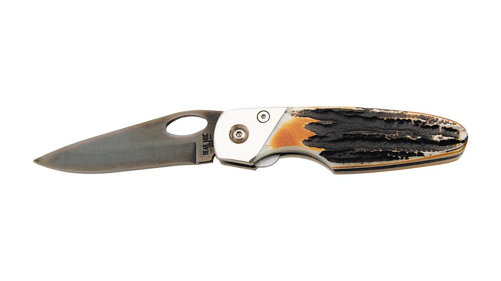 Bear &amp; Son Sideliner Stag Fold Knife, Titanium coated SS Blade, Stag Bone Handle BC504