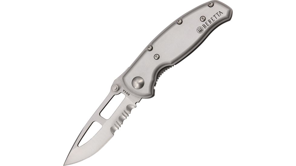 Beretta Small Airlight II Fold Knife, Skeletonized SS partially serrated Blade, Silver anodized aluminum Handle BE79873