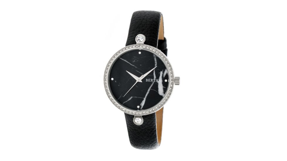 Bertha Frances Marbled Dial Leather-Band Watch, Silver/Black, Standard BTHBR6401