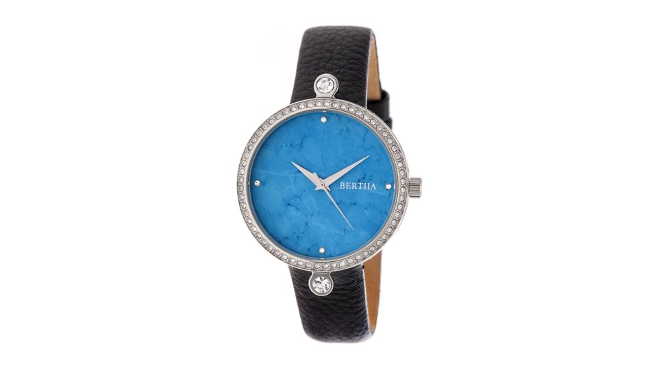 Bertha Frances Marbled Dial Leather-Band Watch, Silver/Cerulean, Standard BTHBR6402