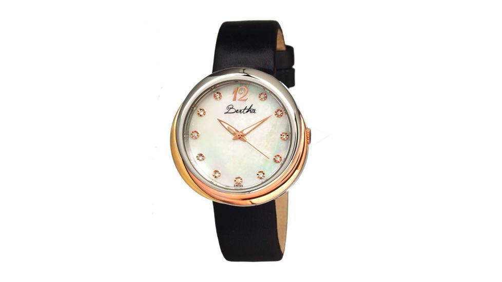 Bertha Jean Ladies Watch, Black Band, Silver Bezel, Mother of Pearl Dial, Gold Hand BTHBR3501