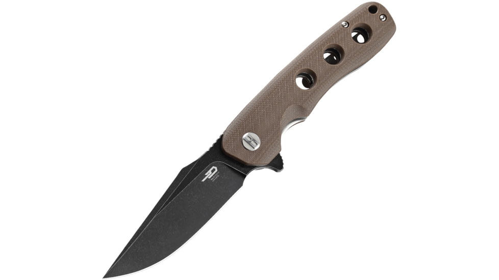 Bestech Knives Arctic Linerlock Folding Knife, 3.5in black stonewash finish D2 tool steel blade, Brown, Brown G10 handle, BG33D-2