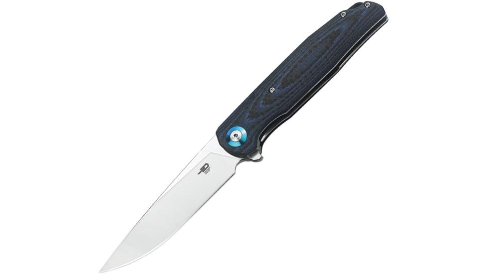 Bestech Knives Ascot Linerlock G10 Folding Knife, 4in Satin D2 Tool Steel Blade, Black/Blue G10 Handle, Pocket Clip, Ceramic Ball Bearings, Black Nylon Zippered Storage Case, Black and blue, BG19C