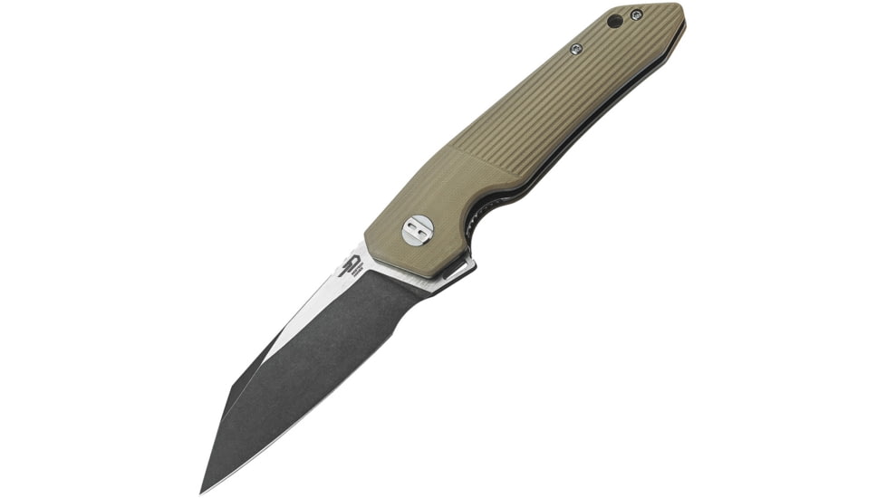 Bestech Knives Barracuda Linerlock Beige Folding Knife, 3.5in D2 Tool Steel Wharncliffe Blade, Beige Grooved G10 Handle, Pocket Clip, Black Stonewash And Satin Blade, Beige, BG15C-2