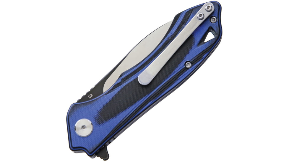Bestech Knives Beluga Linerlock/Blue Folding Knife, 3in D2 Tool Steel Drop Point, Black/Blue G10 Handle, Pocket Clip, Black/Satin Blade, Ceramic Ball Bearing, Black and blue, BG11G-1