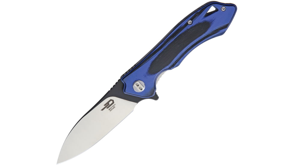 Bestech Knives Beluga Linerlock/Blue Folding Knife, 3in D2 Tool Steel Drop Point, Black/Blue G10 Handle, Pocket Clip, Black/Satin Blade, Ceramic Ball Bearing, Black and blue, BG11G-1