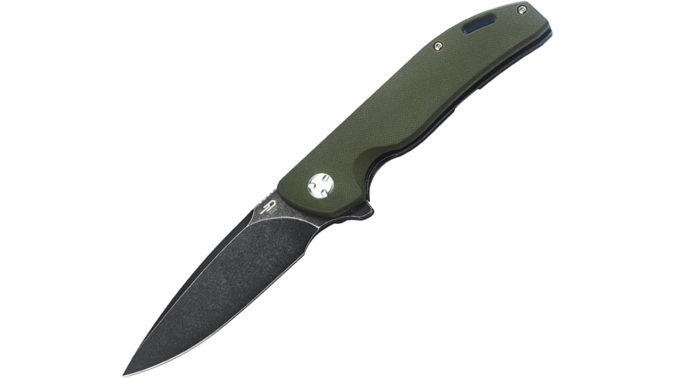 Bestech Knives Bison Framelock Folding Knife, 3.58in Black Stonewash D2 Tool Steel Blade, Green G10 Handle w/Stonewash Titanium Back Handle, Pocket Clip, Black Nylon Zippered Case, Green, BT1904C-2