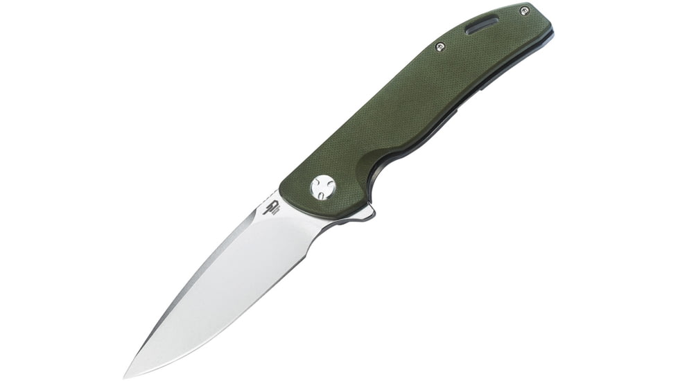 Bestech Knives Bison Framelock Folding Knife, 3.58in Stonewash D2 Tool Steel Blade, Green G10 Handle w/Stonewash Titanium Back Handle, Pocket Clip, Black Nylon Zippered Case, Green, BT1904C-1
