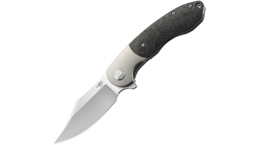 Bestech Knives BowieTie Framelock Gray Folding Knife, 3.5 Bohler M390 stainless blade, Satin finish titanium handle with Black and orange, BT1906A
