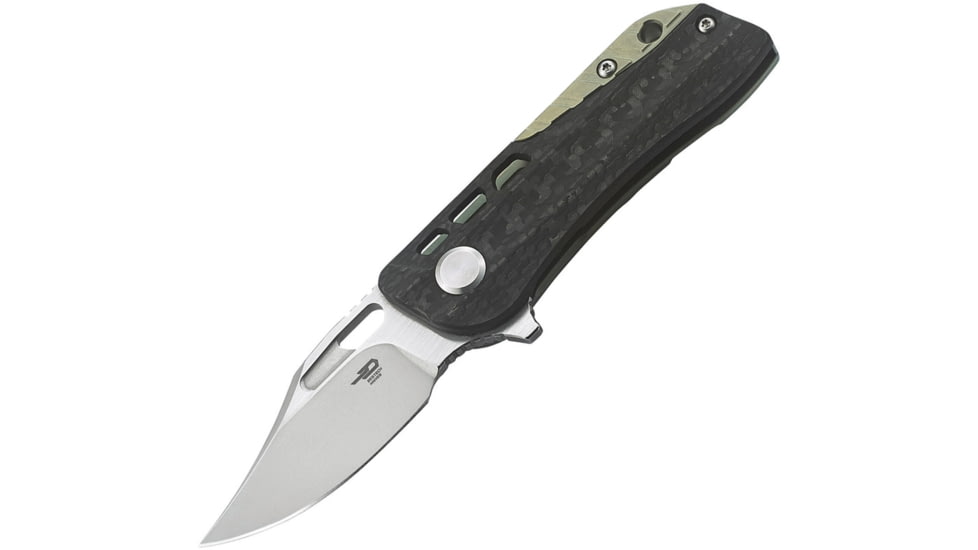 Bestech Knives Engine Bowie Framelock Folding Knife, 2.25in Satin S35Vn SS Clip Point Blade, Carbon Fiber Handle With Green Titanium Back Handle, Thumb Pull, Pocket Clip, BT1806C