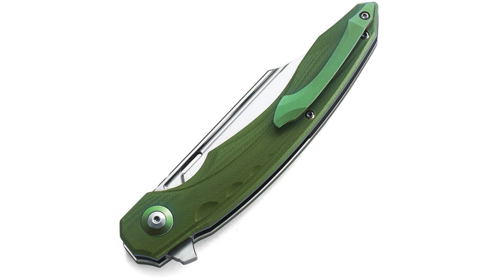 Bestech Knives Fanga Linerlock Folding Knife, 4in Satin D2 Tool Steel Blade, Green G10 Handle, Pocket Clip, Ceramic Ball Bearings, Black Nylon Zippered Storage Case, Green, BG18B