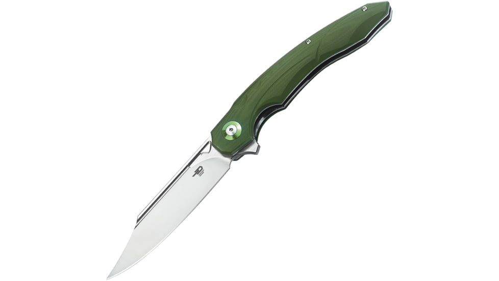 Bestech Knives Fanga Linerlock Folding Knife, 4in Satin D2 Tool Steel Blade, Green G10 Handle, Pocket Clip, Ceramic Ball Bearings, Black Nylon Zippered Storage Case, Green, BG18B