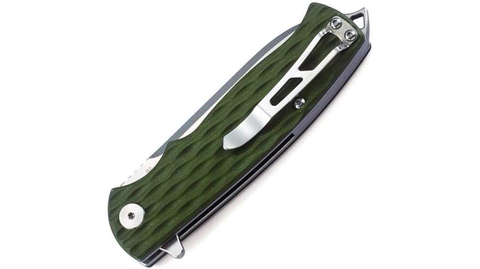 Bestech Knives Grampus G10 Linerlock Folding Knife, 3.5in Satin D2 Tool Steel Drop Point, OD Green Sculpted G10 Handle, Pocket Clip, OD green, BG02B