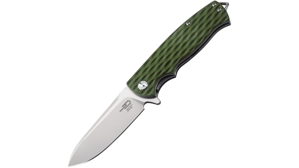 Bestech Knives Grampus G10 Linerlock Folding Knife, 3.5in Satin D2 Tool Steel Drop Point, OD Green Sculpted G10 Handle, Pocket Clip, OD green, BG02B