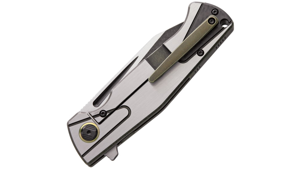 Bestech Knives HORUS Framelock Folding Knife, 3.5in S35Vn SS Blade, Black/Silver Titanium Handle, Pocket Clip, Black Stonewash And Satin Blade, Black Nylon Zippered Case, Black and silver, BT1901C