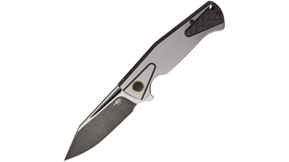 Bestech Knives HORUS Framelock Folding Knife, 3.5in S35Vn SS Blade, Black/Silver Titanium Handle, Pocket Clip, Black Stonewash And Satin Blade, Black Nylon Zippered Case, Black and silver, BT1901C