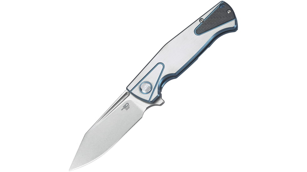 Bestech Knives HORUS Framelock Folding Knife, 3.5in S35Vn SS Blade, Blue/Silver Titanium Handle, Pocket Clip, Stonewash And Satin Blade, Black Nylon Zippered Storage Case, Blue and silver, BT1901D