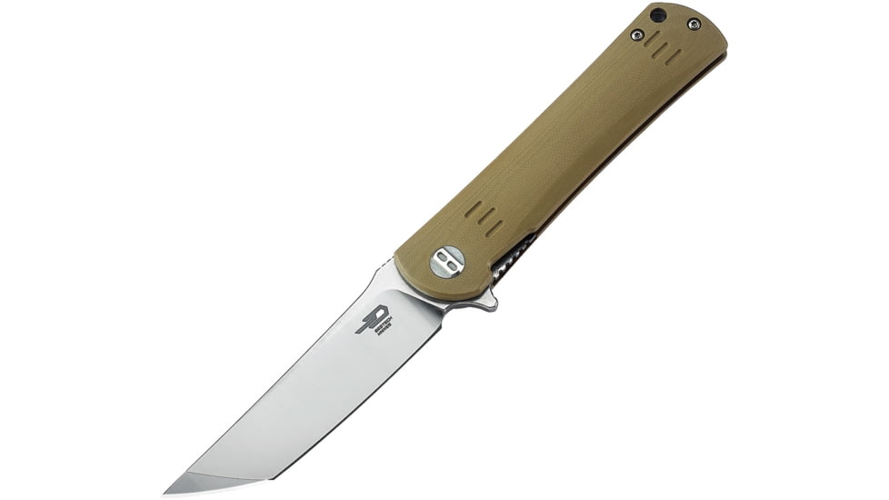 Bestech Knives Kendo G10 Linerlock Beige Folding Knife, 3.75in Satin D2 Tool Steel Tanto Blade, Tan G10 Handle, Pocket Clip, Tan, BG06C-1