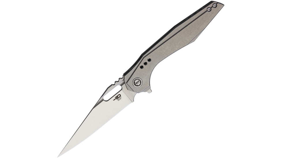 Bestech Knives Malware Framelock Gray Folding Knife, 3.75in S35Vn SS Blade, Tumbled Finish Titanium Handle, Thumb Pull, Pocket Clip, Stonewash And Satin Blade, Black Nylon Zippered Case, BT1902A