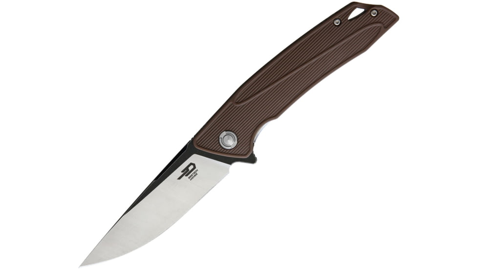 Bestech Knives Spike Linerlock Brown Folding Knife, 3.75in 12C27 Sandvik SS Drop Point, Brown Glass Filled Nylon Handle, Pocket Clip, Black/Satin Blade, Brown, BG09C-1