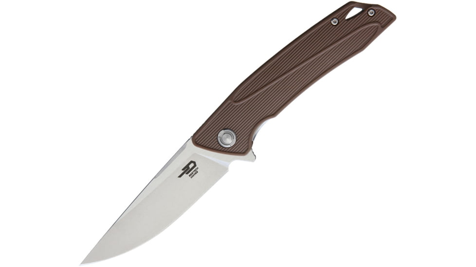 Bestech Knives Spike Linerlock Brown Folding Knife, 3.75in 12C27 Sandvik SS Drop Point, Brown Glass Filled Nylon Handle, Pocket Clip, Stonewash And Satin Blade, Brown, BG09C-2