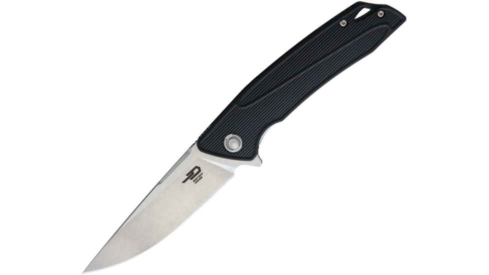 Bestech Knives Spike Linerlock Folding Knife, 3.75in 12C27 Sandvik SS Drop Point, Black Glass Filled Nylon Handle, Pocket Clip, Stonewash And Satin Blade, Black, BG09A-2