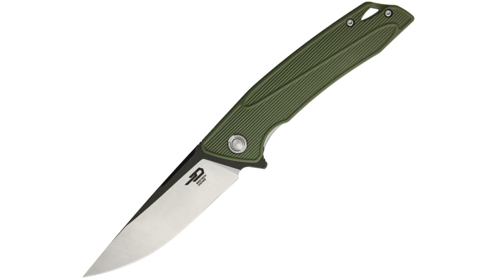 Bestech Knives Spike Linerlock Folding Knife, 3.75in 12C27 Sandvik SS Drop Point, Green Glass Filled Nylon Handle, Pocket Clip, Black/Satin Blade, Green, BG09B-1