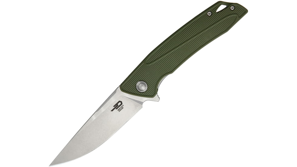 Bestech Knives Spike Linerlock Folding Knife, 3.75in 12C27 Sandvik SS Drop Point, Green Glass Filled Nylon Handle, Pocket Clip, Stonewash And Satin Blade, Green, BG09B-2