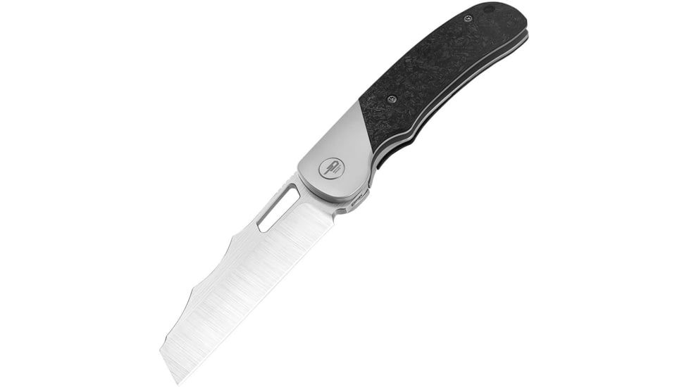 Bestech Knives Syn Titanium CF Folding Knife, 4.5in Closed, 3.5in Satin Elmax Steel Cleaver Style Blade, Marbled Carbon Fiber Handle, Nylon Case, BT2306A