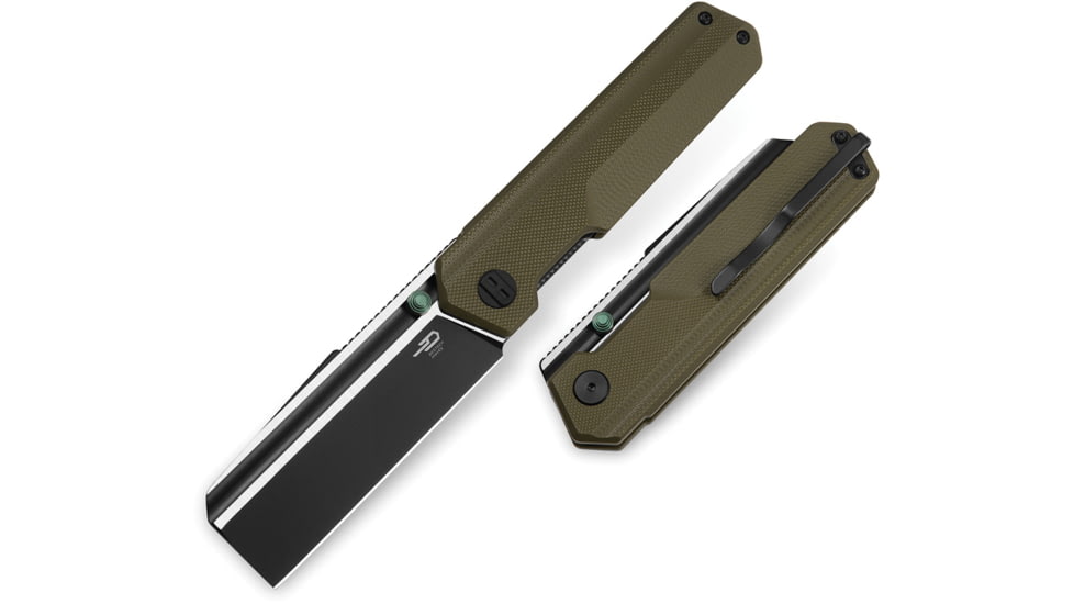 Bestech Knives Tardis Folding Knife, 4.5in Closed, 3.13in D2 Tool Steel Black/Satin Blade, OD Green G10 Handle, BG54C