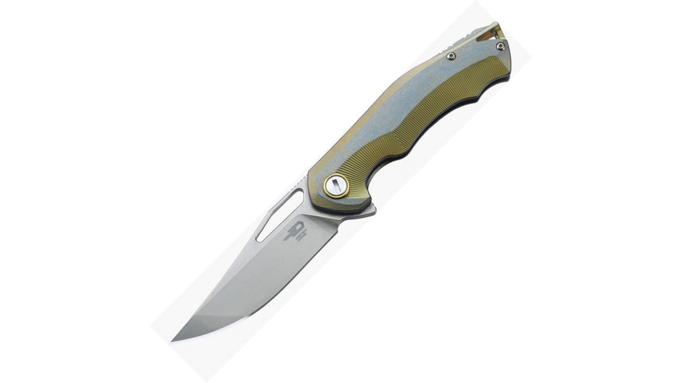Bestech Knives TERCEL Framelock Gold Folding Knife, 3.75in Stonewash Cpm S35Vn SS Clip Point Blade, Blue/Gold Anodized Titanium Handle, Black Nylon Zippered Case, Blue and gold, BT1708A