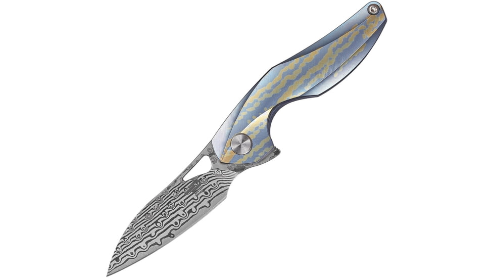 Bestech Knives The Reticulan Framelock Blue Folding Knife, 2in Damascus Steel Drop Point, Blue/Gold Anodized Titanium Handle,Ceramic Ball Bearings, Black Kydex Neck Sheath, Blue and gold, BT1810L