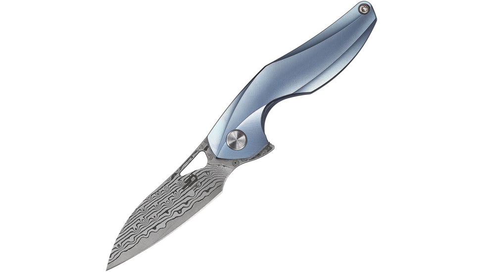 Bestech Knives The Reticulan Framelock Blue Folding Knife, 2in Damascus Steel Drop Point, Blue Satin Titanium Handle,Ceramic Ball Bearings, Black Kydex Neck Sheath, Blue, BT1810H