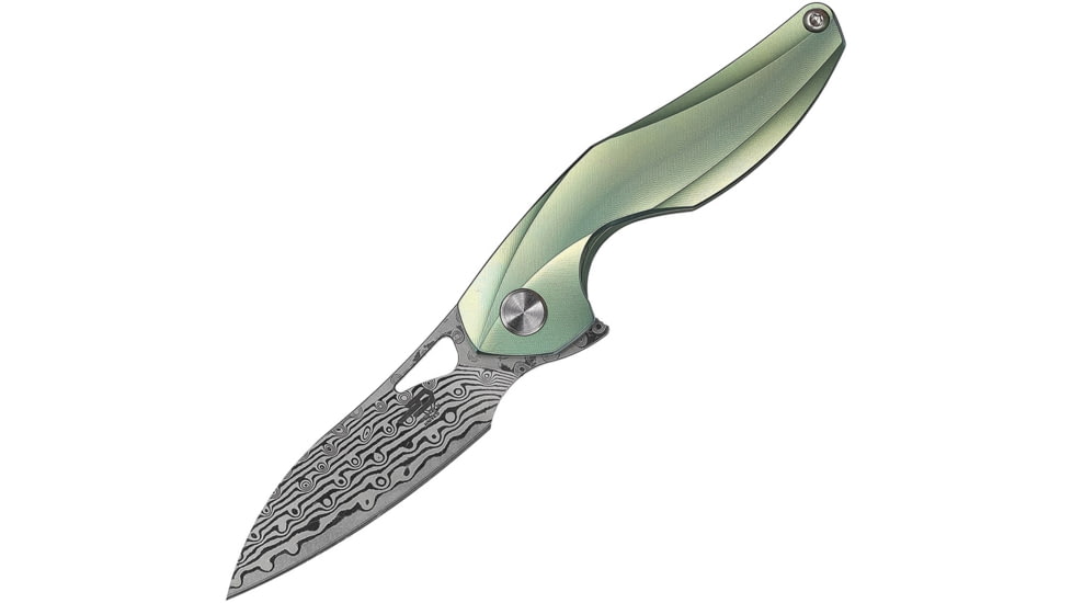 Bestech Knives The Reticulan Framelock Folding Knife, 2in Damascus Steel Drop Point, Green Satin Titanium Handle,Ceramic Ball Bearings, Black Kydex Neck Sheath, Green, BT1810I